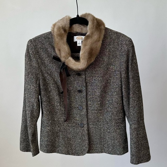 Talbots Jackets & Blazers - Vintage Sophisticated Brown Tweed Blazer Jacket  Faux Fur Trimmed Collar-12 P